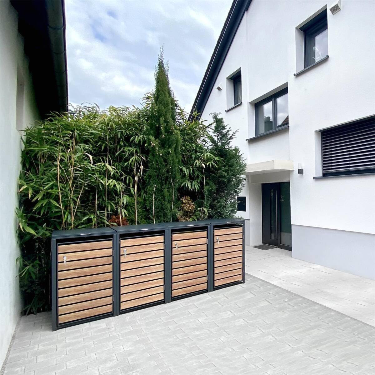 Cubitera para basura Metzler en antracita y aspecto de madera, para 2 cubos de 240 L, revestimiento para 2 cubos, acero con recubrimiento en polvo resistente a la intemperie con tapa automática, bloqueable, caja para jardín y basura
