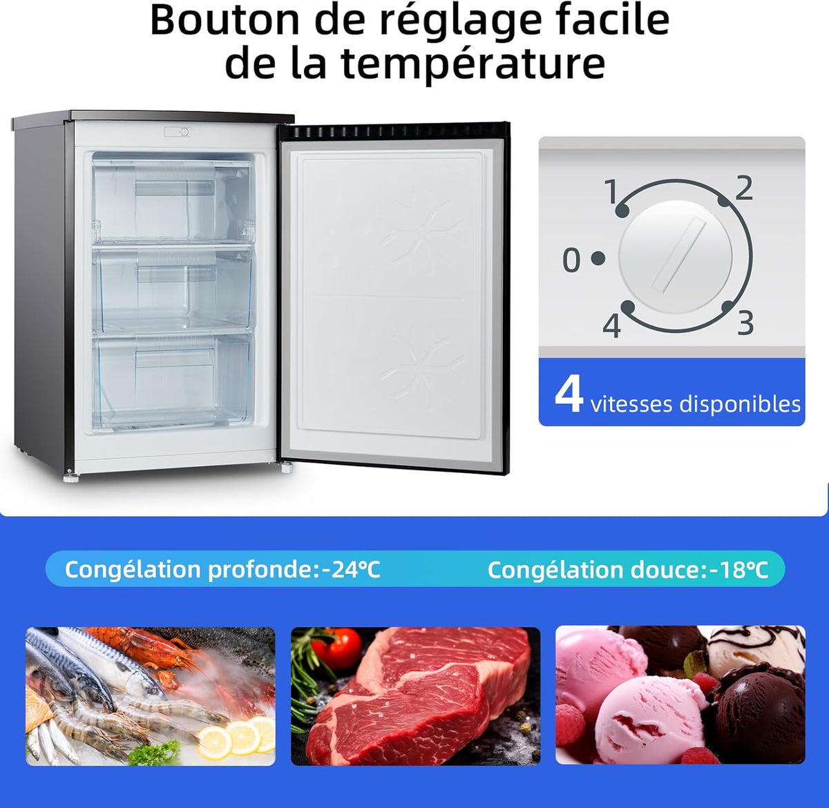 Congélateur vertical CHIQ de 85 L, mini congélateur à porte simple, porte réversible, thermostat réglable, petit congélateur pour la cave, la maison, la résidence étudiante, l'appartement ou le bureau