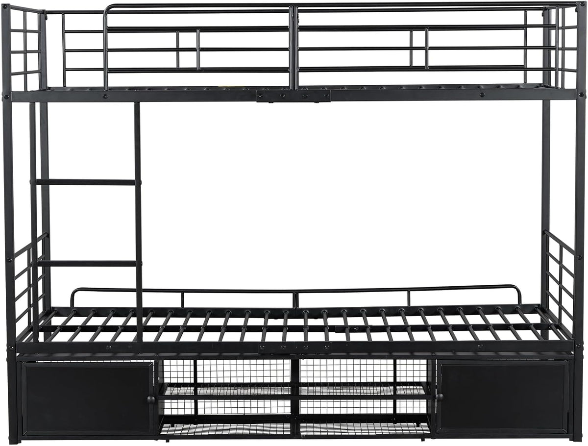 Litera cama infantil 90x200 cm, estructura de cama de metal con zapatero abierto y 2 armarios de almacenamiento con puertas, litera cama alta cama de hierro para niños, adolescentes y adultos, negro