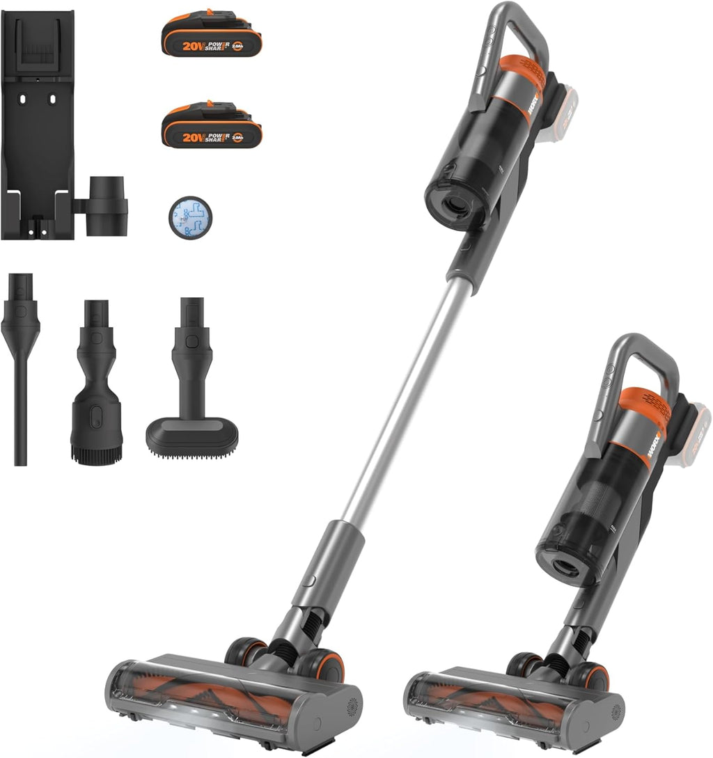 Aspiradora inalámbrica WORX 20V WX038, aspiradora de mano de 25Kpa, 45 min de autonomía, ligera para pelo de mascotas, alfombras, coche - incluye 2 baterías PowerShare, soporte de pared y cargador doble