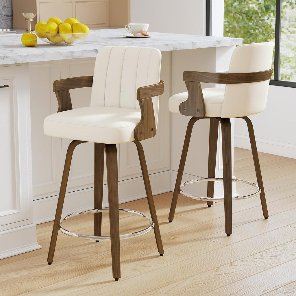 Juego de 2 taburetes de bar giratorios 360° con reposabrazos, altura del asiento de 65 cm, acolchados (7 cm) de piel sintética, silla de bar con patas de madera y reposapiés, taburete de cocina para isla, mostrador y comedor, blanco
