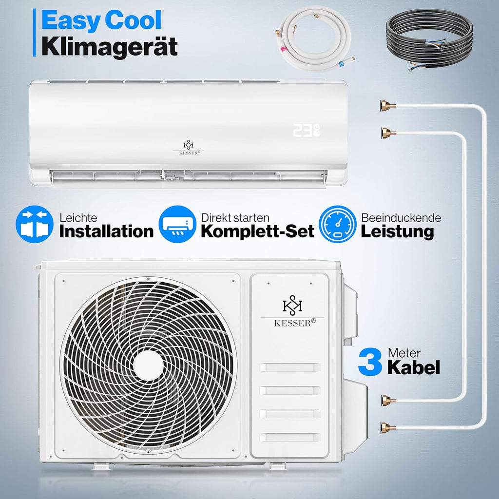 KESSER® Set de aire acondicionado Split - con función WiFi/App - Refrigeración A++/ Calefacción A+ - 9000 BTU/h (2600 vatios) Refrigerante R32 - Mando a distancia, función de temporizador - Incluye material de montaje completo