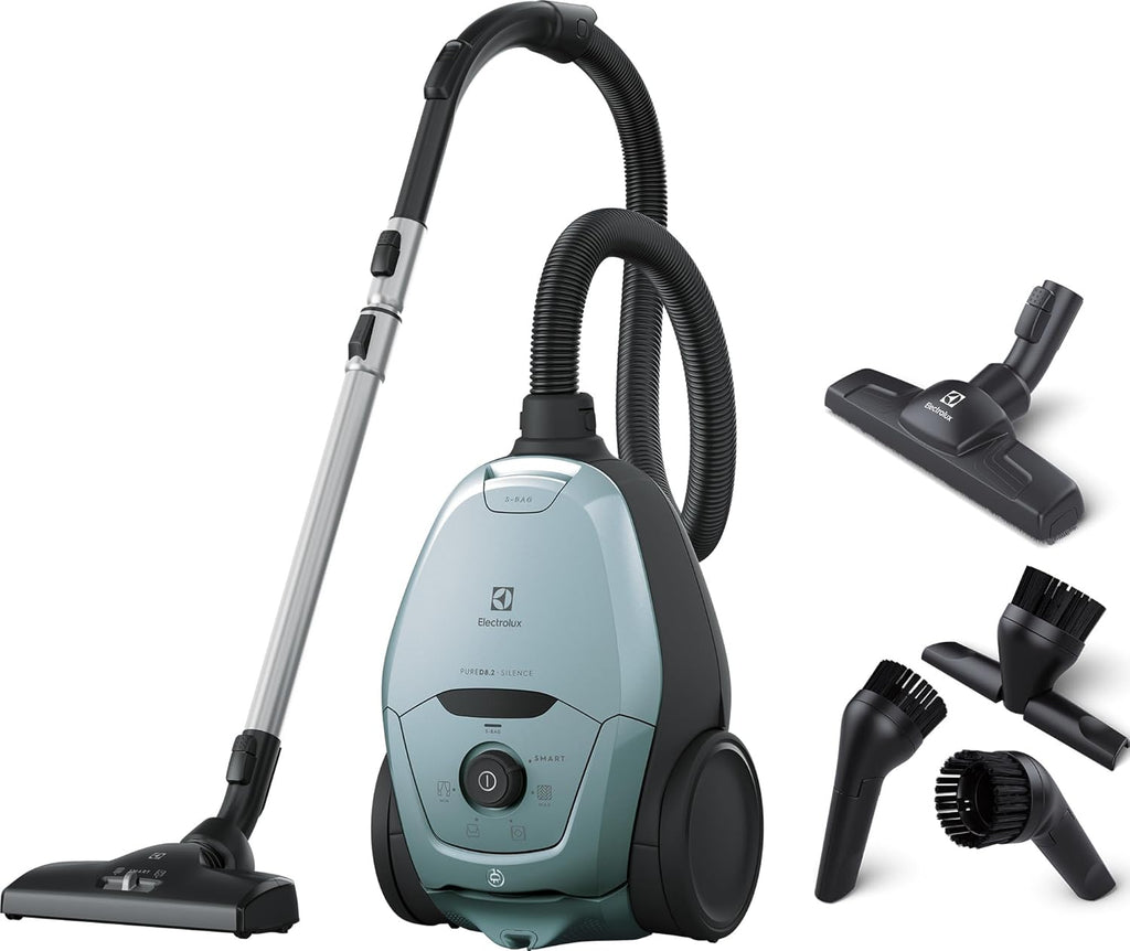 Electrolux Pure D8, Aspiradora de trineo con bolsa, ultra silenciosa, 57 dB, potencia automática inteligente, mango ergonómico, ligera, 55 % de materiales reciclados, PD82-4MB, azul cielo