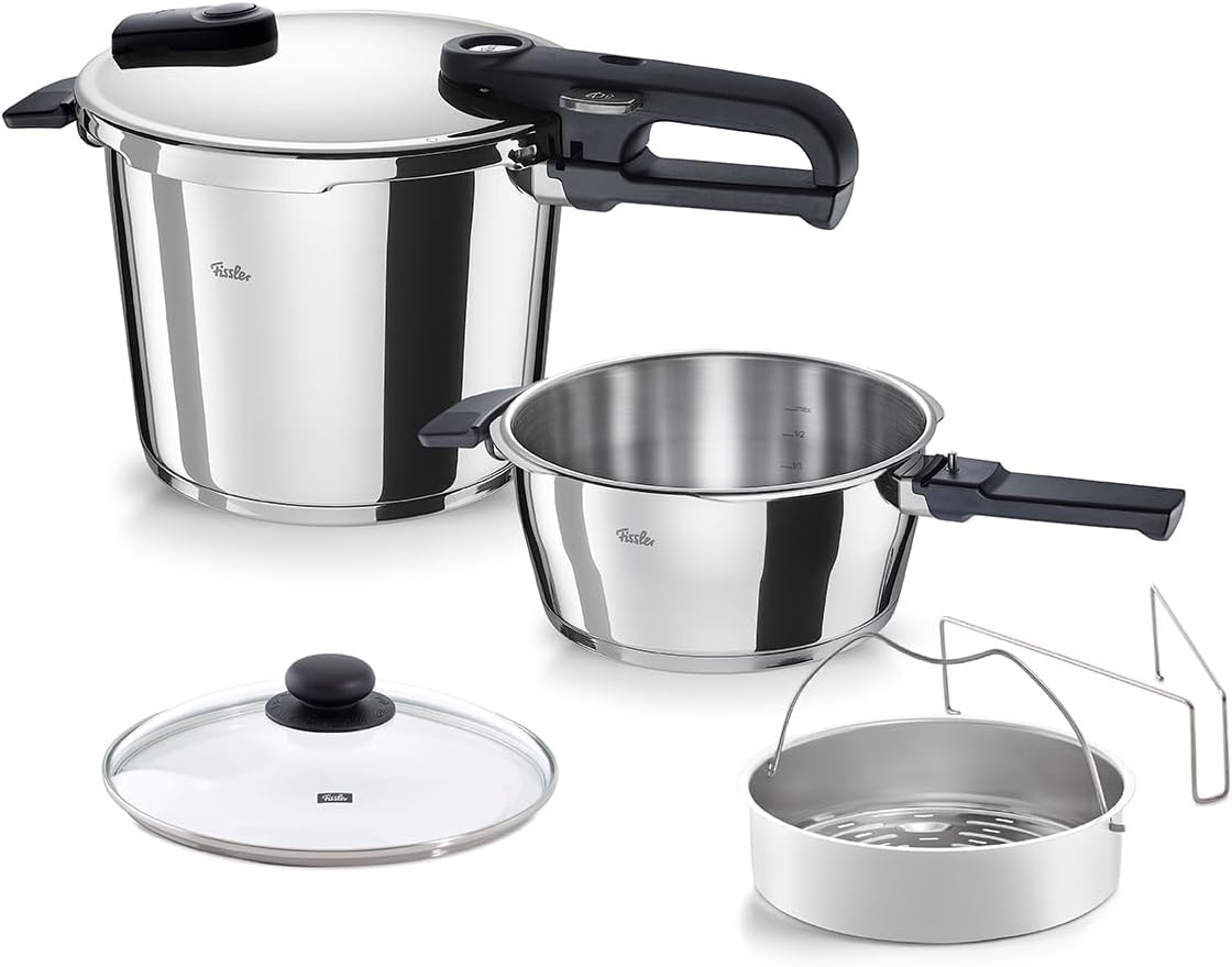 Set de ollas a presión Fissler Vitaquick Edition de 6 piezas (2 ollas a presión de Ø 22 cm, 3,5 L y 6 L) incluye tapa metálica, tapa de vidrio, cestillo, inducción – Fabricado en Alemania