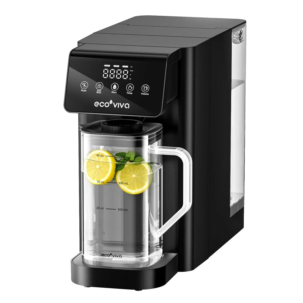 Filtro de agua de mesa Ecoviva UV RO de 8 etapas con dispensador de agua caliente y monitor TDS, sin instalación, para oficina, camping y hogar