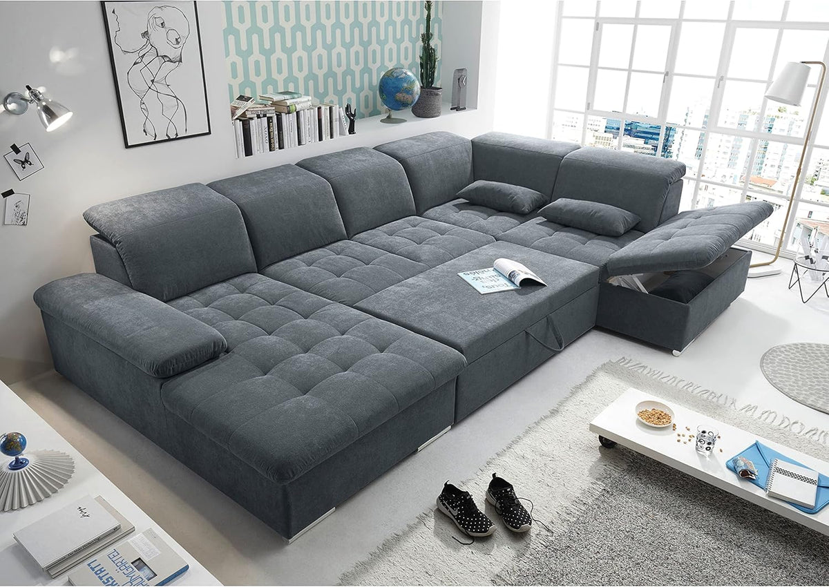 Sofá rinconera en forma de U Stella Trading WAYNE, tapicería de tela color antracita - Sofá extensible con función de cama y arcón - 340 x 81 (104) x 188 (240) cm (ancho/alto/fondo)