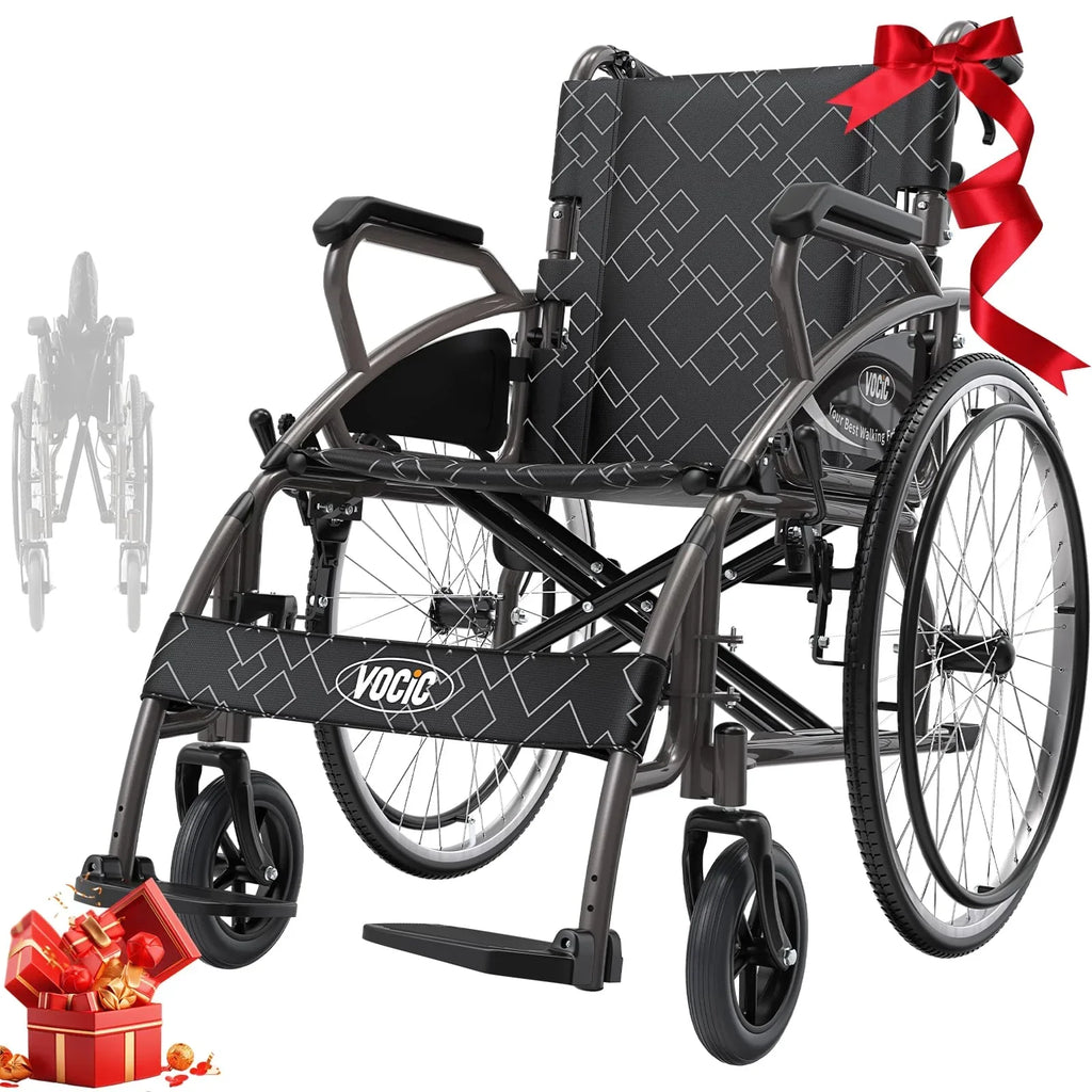 Silla de ruedas plegable y ligera VOCIC U31 autopropulsada, 150 kg, ruedas de 60 cm, asiento de 46 cm, doble freno, 17,5 kg, para exteriores y personas mayores