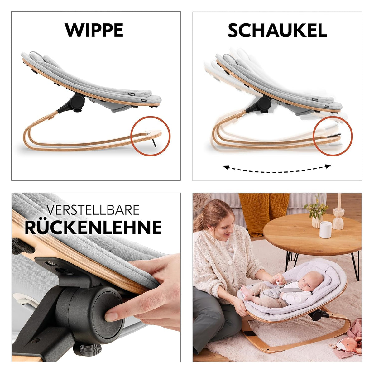 Hauck Trona Beta+ Newborn Set Eco Bouncer - Trona de madera evolutiva para bebés desde el nacimiento, incluye accesorio para recién nacidos, cojín de asiento y bandeja - Gris oscuro