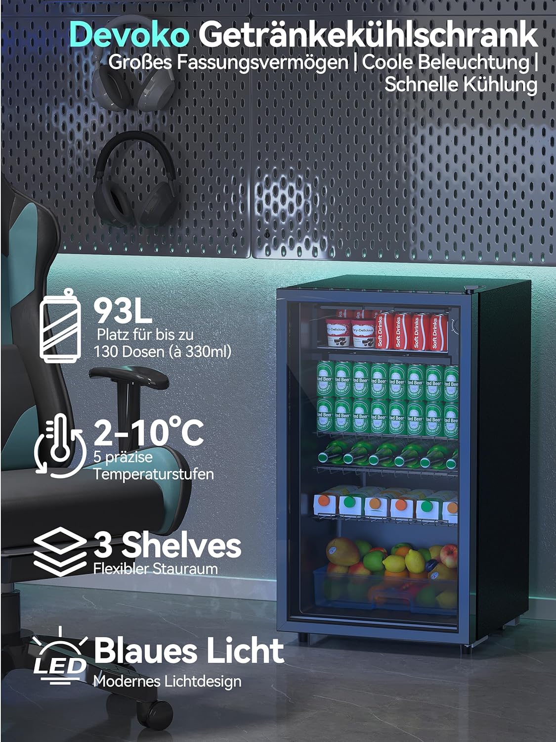 Nevera para bebidas Devoko de 93 L con capacidad para hasta 130 latas, con puerta de cristal e iluminación interior LED. Incluye estantes de altura regulable para refrescos, cerveza y vino. Ideal para el hogar y la oficina en color negro.