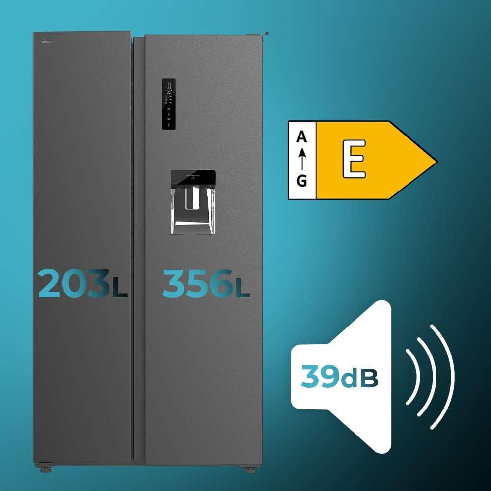 Frigorífico americano Cecotec Bolero CoolMarket SBS 559 Dark E. 559L, 177 cm X 90 cm, Clase E, sistema Multi Air Flow, Total No Frost, motor Inverter Plus.