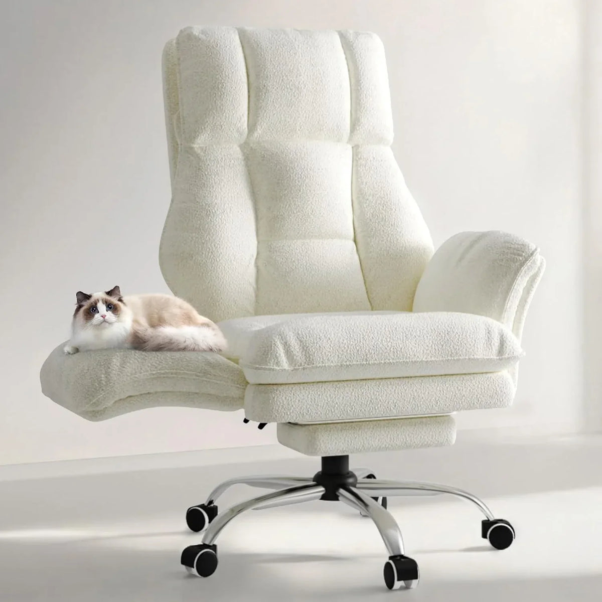 Silla de oficina con reposapiés modelo BGY01, silla giratoria de tela de peluche, respaldo ajustable a 135°, asiento extra ancho para oficina en casa
