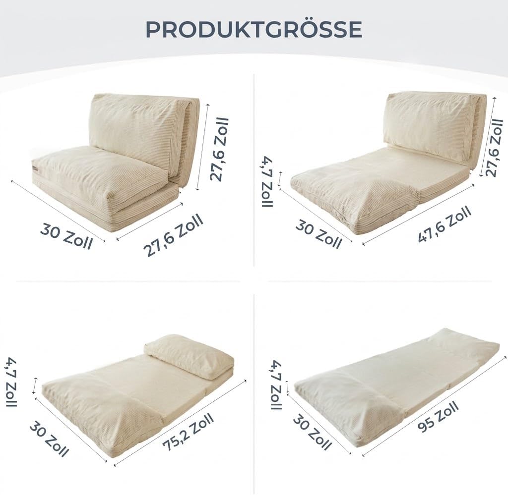 Cama tipo puf MAXYOYO, plegable, pana, sofá cama, colchón de suelo para adultos, extra grueso, plegable en 4 partes, sofá de suelo para dormitorio, sala de estar, beige, 75 x 240 cm