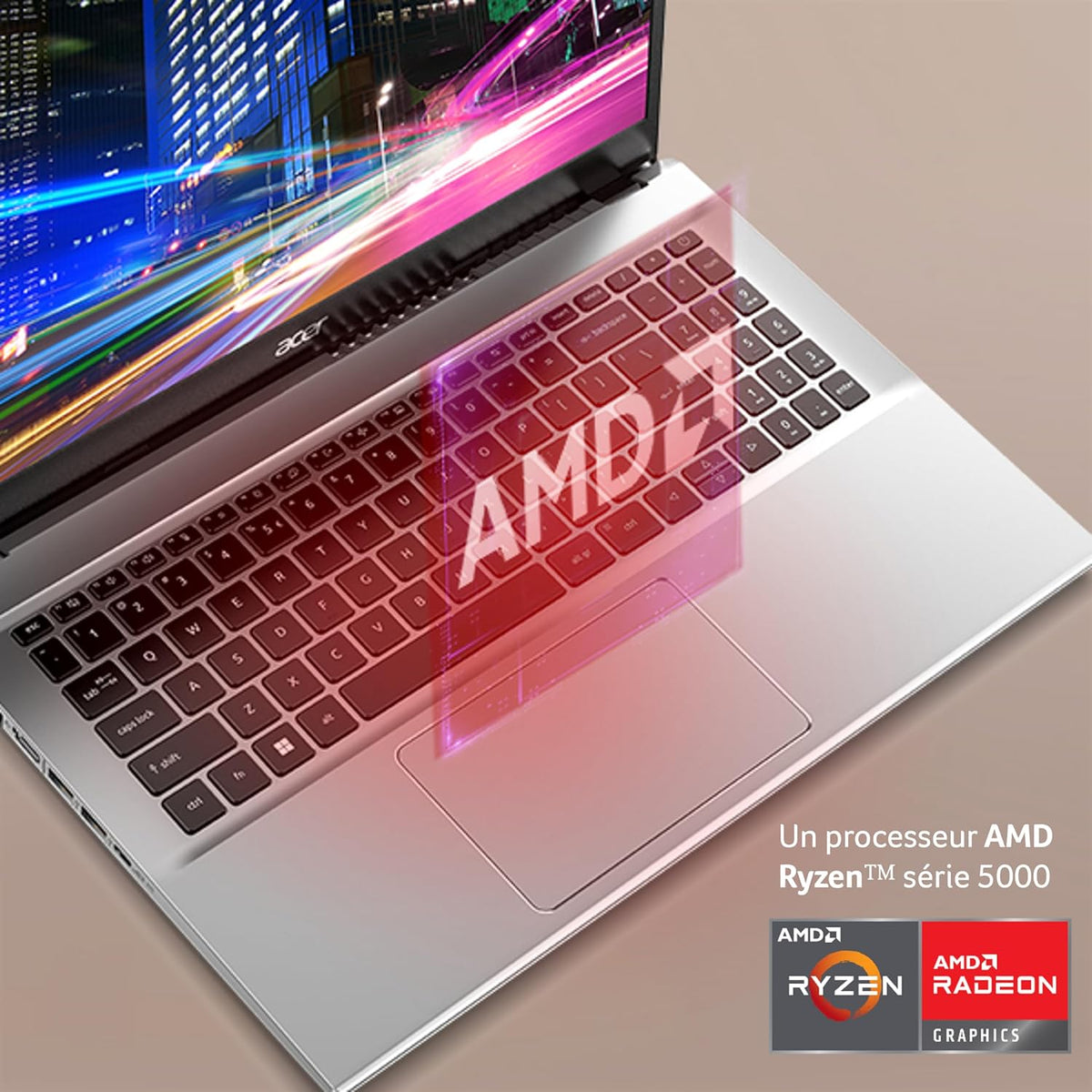 Acer Aspire 3 A315-44P-R732, Ordenador portátil 15.6" Full HD LED, PC portátil (AMD Ryzen 7 5700U, RAM 16 GB, SSD 512 GB, AMD Radeon Graphics, Windows 11 Home) Teclado AZERTY, Portátil gris