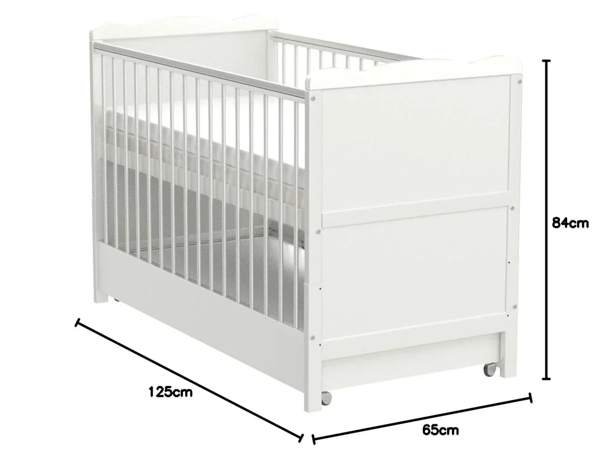 Cuna con cajón, altura regulable en 3 posiciones, colchón de aloe vera de 6 cm, protectores de dentición, convertible en cama infantil, 120 x 60 cm, blanco