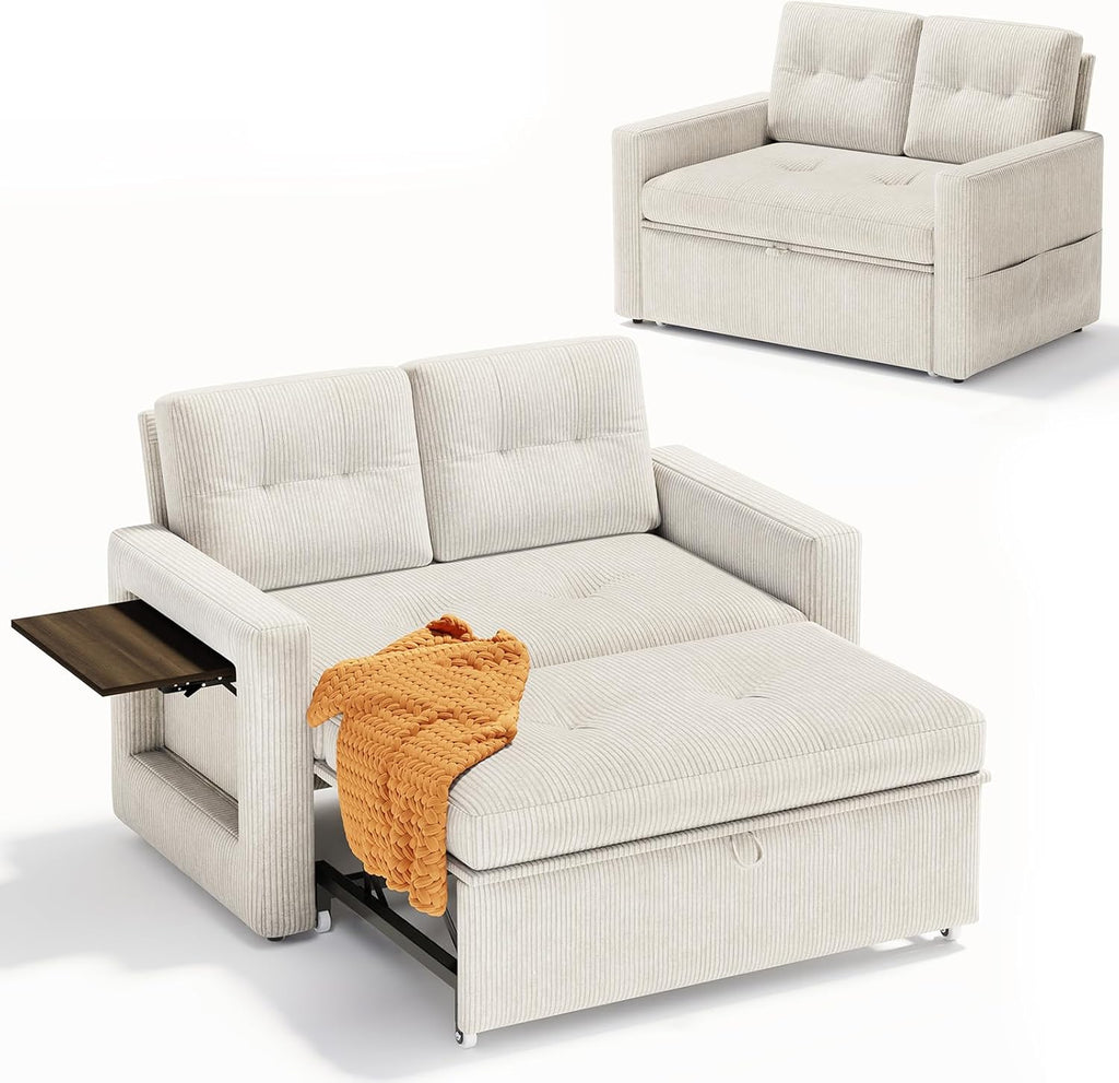 YOUDENOVA Sofá Cama 3 en 1, Sillón Cama multifuncional, Sofá reclinable con respaldo ajustable en 5 posiciones, Sofá cama para 2 personas con mesa y bolsillos laterales, Pana beige