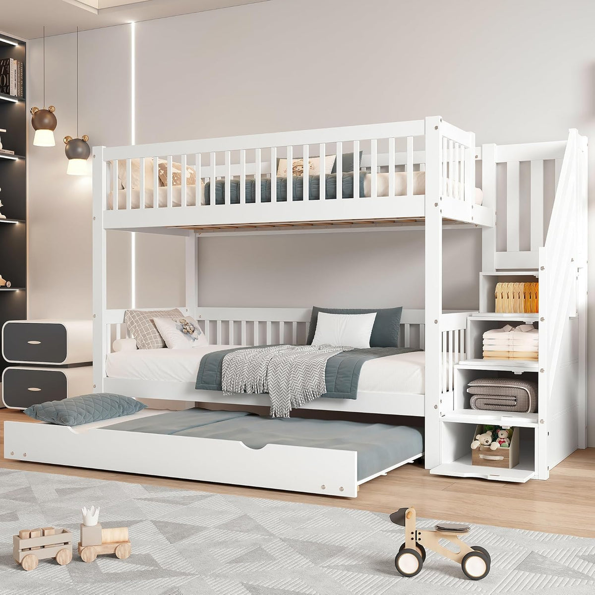 Cama litera infantil Rtopsu 90x200 cm con cama extraíble, cama alta con escalera y estantería de almacenamiento, cama casita con somier de madera y protección anticaída para 2-3 niños, blanco, sin colchón