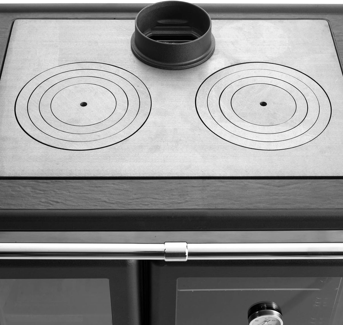 Cocina de leña La Nordica Rosa L 16, acero antracita negro, 9,5 kW, horno con ventana de visualización, placa de cocción de hierro fundido