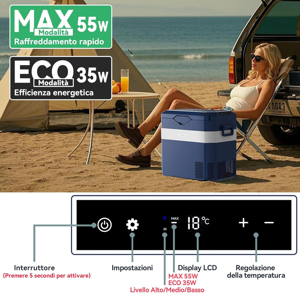 BINGI Nevera Eléctrica de Compresión para Coche de 38L con Enfriamiento Rápido - Refrigerador Portátil hasta -18°C, 12V/24V/220V, para Autocaravana, Furgoneta, Camión, Barco, Coche, Casa, Camping