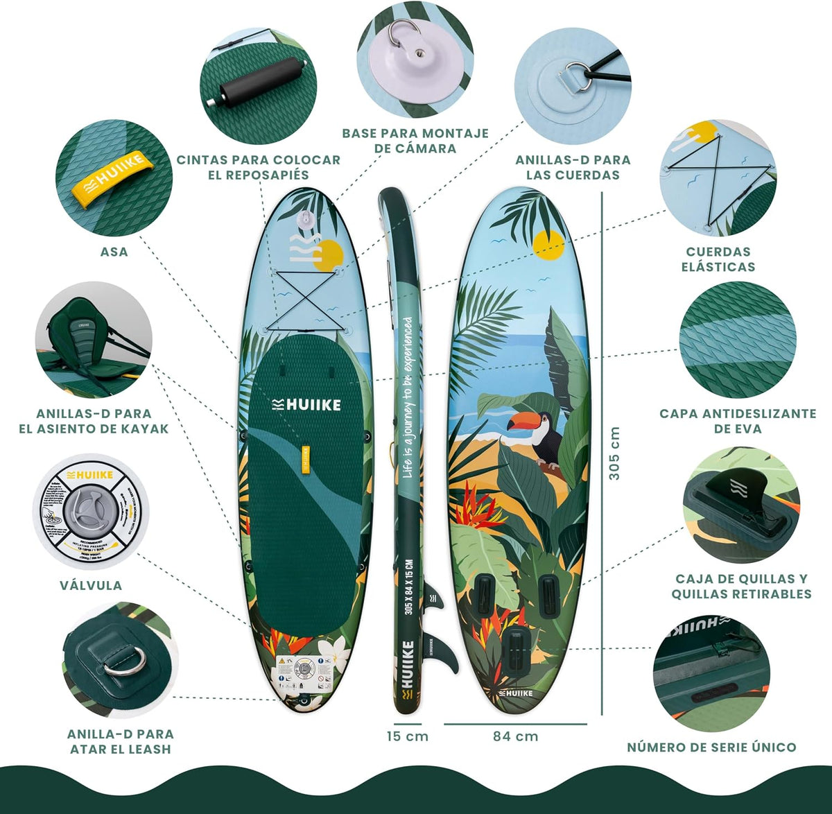 Tabla de Paddle Surf Hinchable HUIIKE con accesorios incluidos, remo, quillas, inflador. Stand Up Paddle Board de gran estabilidad y resistencia. 305 x 84 x 15 cm, soporta hasta 130 kg
