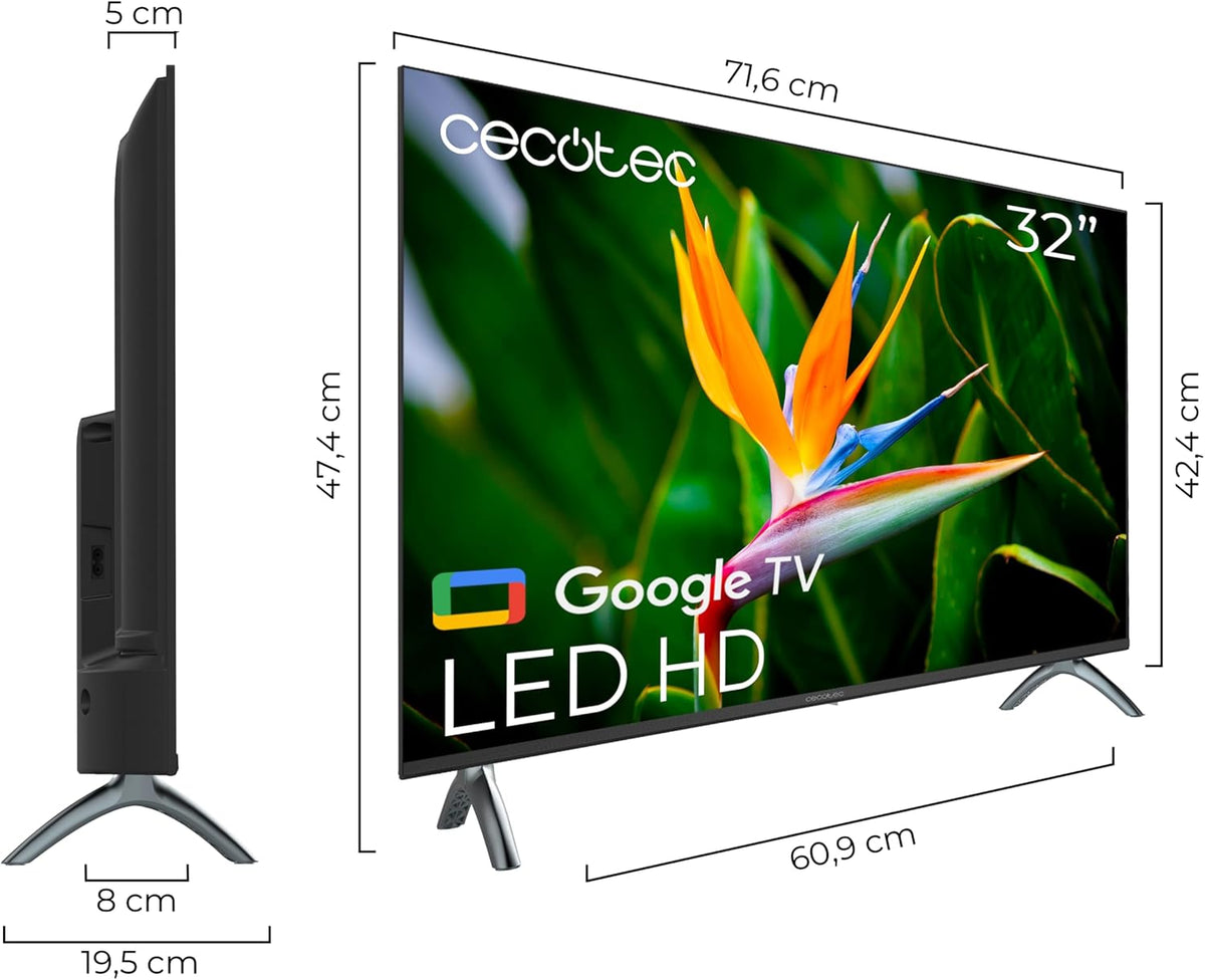 Smart TV Cecotec, televisor LED de 32 pulgadas, resolución HD, serie A4 ALH40032S. Sistema operativo Google TV, Dolby Audio, HDR10, 16 GB de ROM, Bluetooth, Asistente de voz de Google y Chromecast.