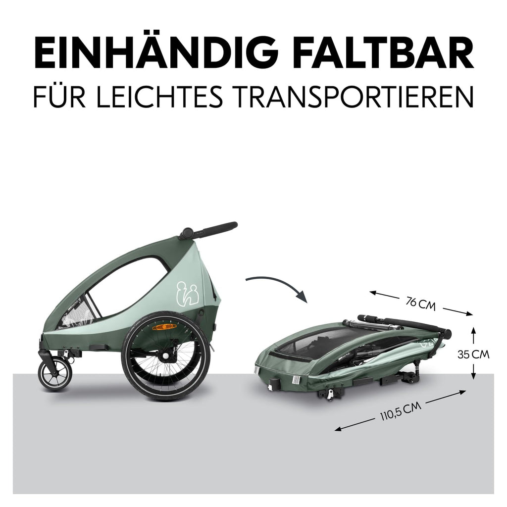 hauck Remolque de bicicleta y cochecito Dryk Duo Plus con suspensión, para 2 niños (6-48 meses), incluye barra de tiro, rueda de cochecito, bandera y luz LED, plegable, altura ajustable, maletero XL (verde oscuro)