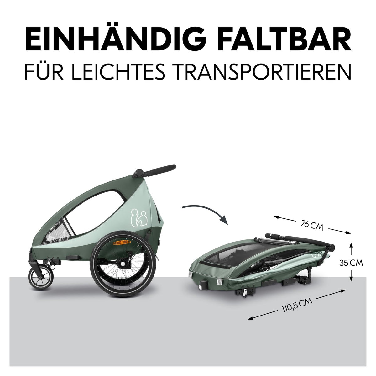 hauck Remolque de bicicleta y cochecito Dryk Duo Plus con suspensión, para 2 niños (6-48 meses), incluye barra de tiro, rueda de cochecito, bandera y luz LED, plegable, altura ajustable, maletero XL (verde oscuro)