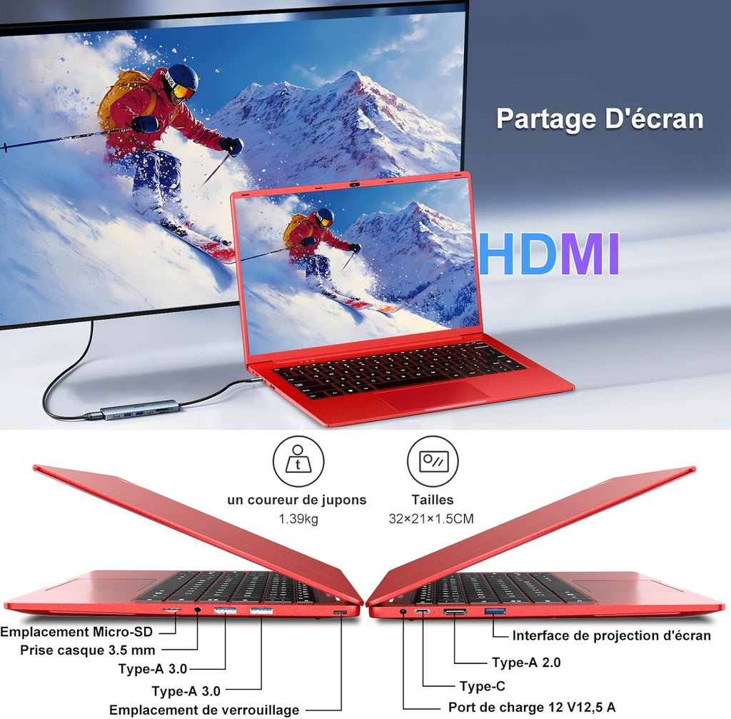 Ordenador portátil de 14 pulgadas Celeron N5095 hasta 2,9 GHz, PC portátil Win11, 8 GB de RAM, SSD de 256 GB, ampliación a 1 TB, portátil con ratón inalámbrico, teclado QWERTY con membrana de teclado AZERTY - Rojo metalizado-1