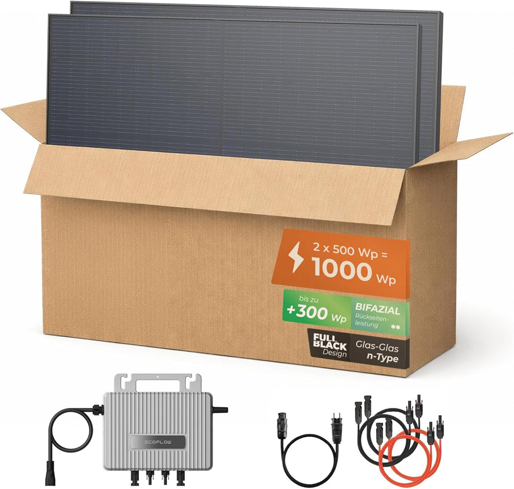 Solarway® 1000Wp / 800W sistema solar para balcón, kit completo para enchufe - nuevo microinversor EcoFlow Stream de 800 vatios - kit completo de sistema solar - paneles solares bifaciales negros de 500W, EcoFlow y accesorios