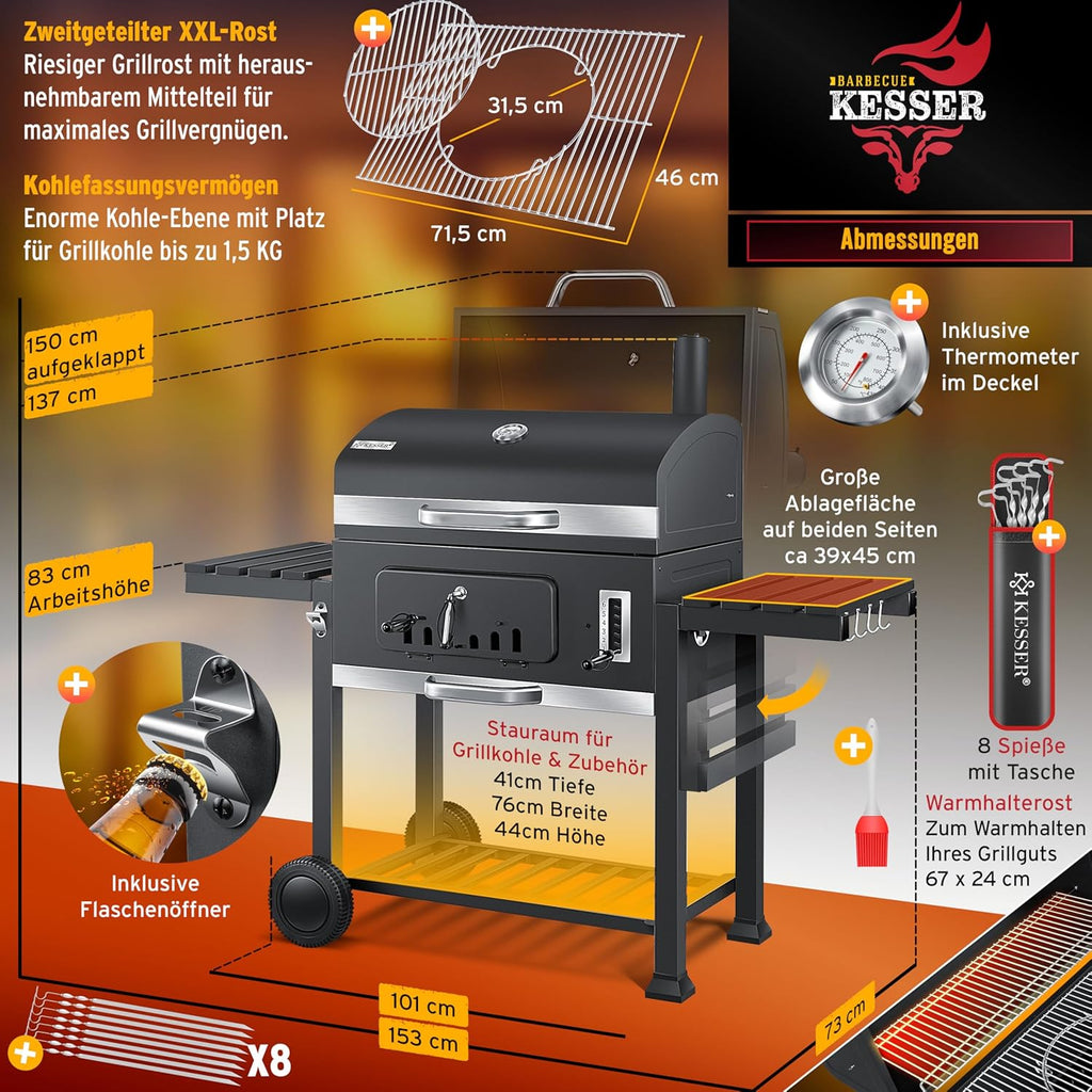 KESSER® Barbacoa Carrito BBQ Smoker XXL Parrilla de carbón con tapa, ruedas, asa de acero inoxidable, rejilla y termómetro, 8 brochetas con estuche y pincel de silicona, parrilla de pie, carrito de carbón