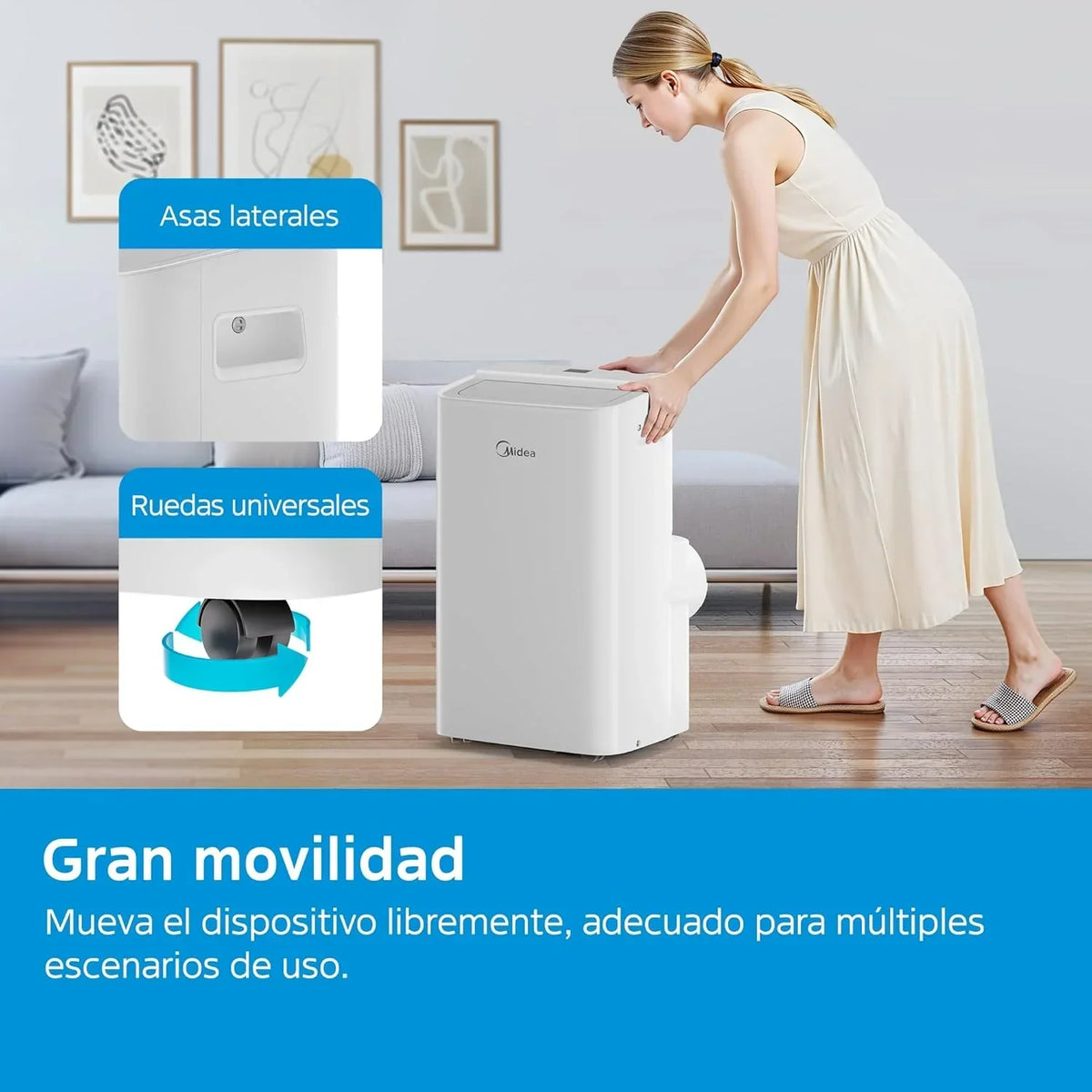 Aire Acondicionado Portátil MIDEA Pingüino 3 en 1 | 3000 Frigorías / 12000 BTU | Aire acondicionado silencioso para 43m2 - Deshumidificador, Ventilador, Climatizador 3500 W - 4 modalidades con kit de ventana