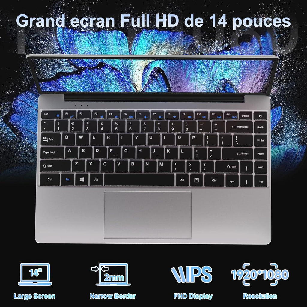 Portátil PC 2025 de 14 pulgadas Win11 Pro Celeron N4020 6 GB RAM+256 GB, soporte para expansión SSD de 1 TB (TF 512 GB), 5000 mAh, Mini HDMI, 1080P, ratón inalámbrico, teclado francés AZERTY de membrana, plateado