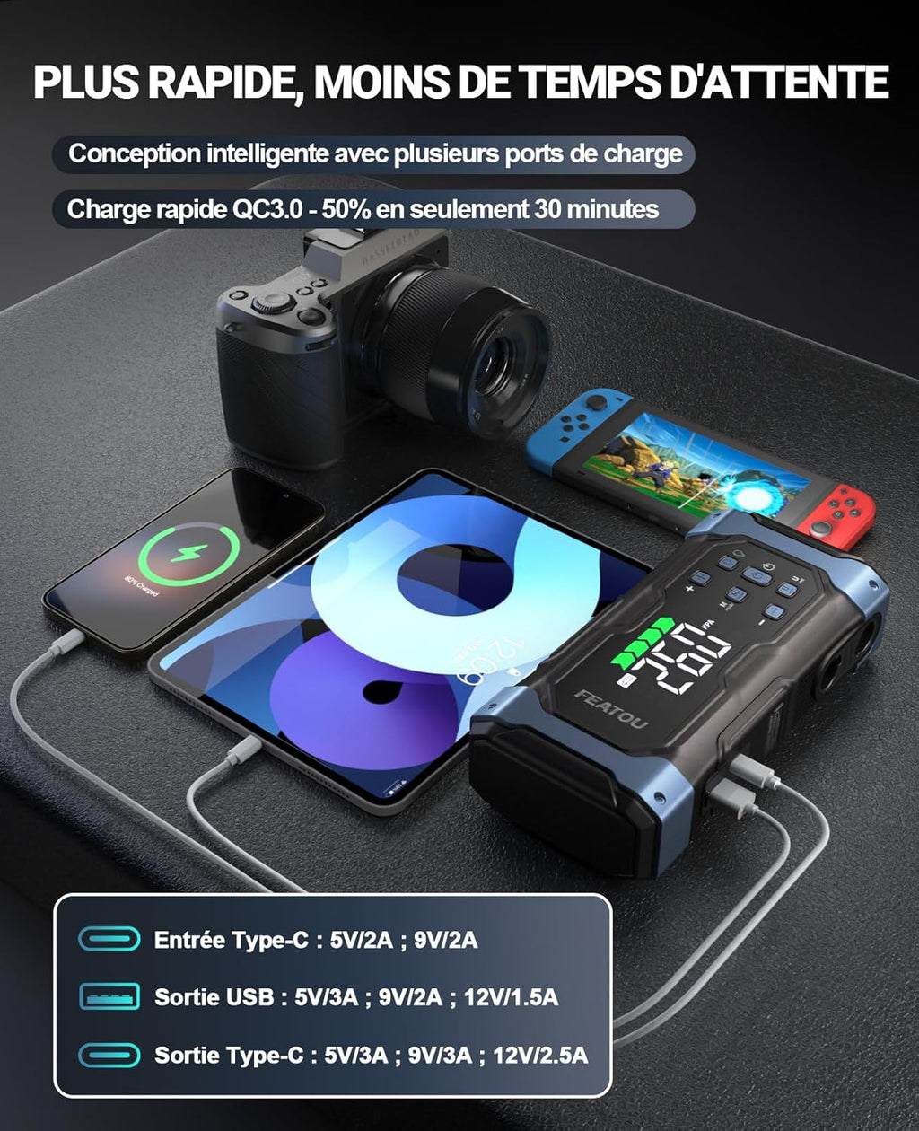 Arrancador de batería de coche 7000A con inflador, cargador arrancador para todos los motores de gasolina y diésel de 12L, carga rápida de 30 W, arrancador portátil con compresor de 12V