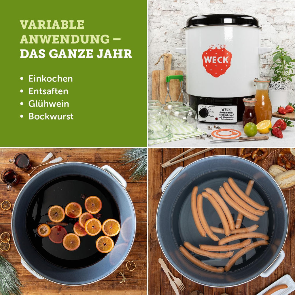 WECK Einkochautomat WAT14 (Serie Finale) esmaltado con termostato de precisión – Olla para conservas de 29 L, calentador de vino caliente, extractor de jugos al vapor, autoclave para conservas – Hecho en Alemania, alta calidad y versátil