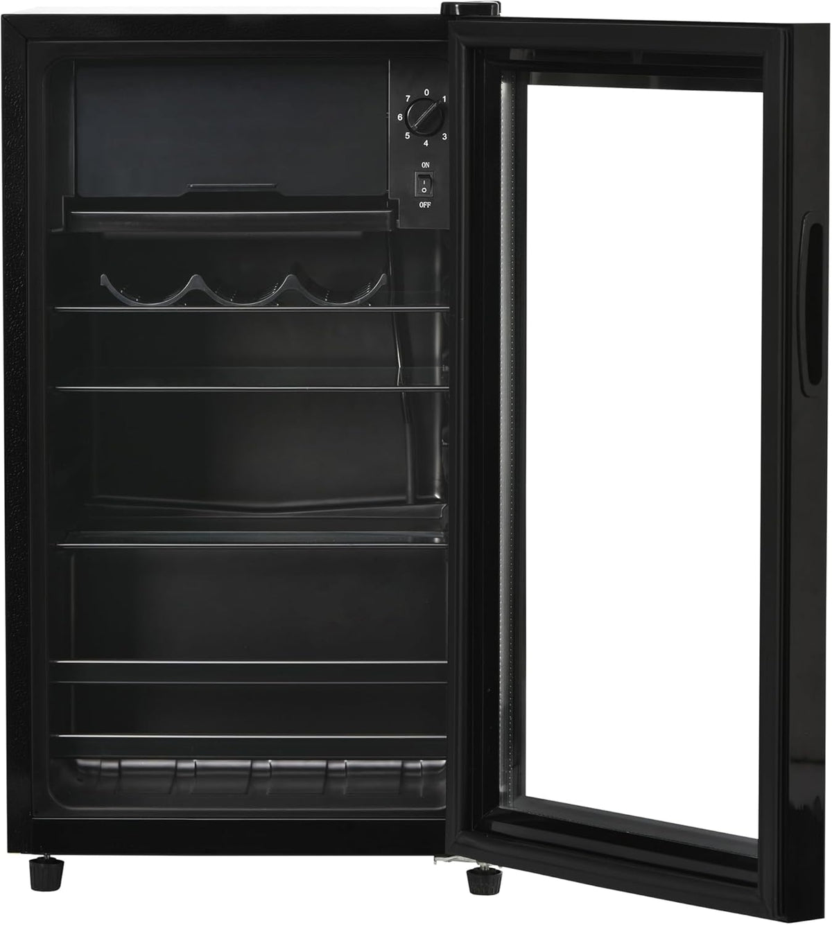 Minirefrigerador Merax de 76 L con compartimento de hielo, capacidad para 51 latas, funcionamiento silencioso, sistema de refrigeración por compresor, bajo consumo energético, estantes ajustables, negro