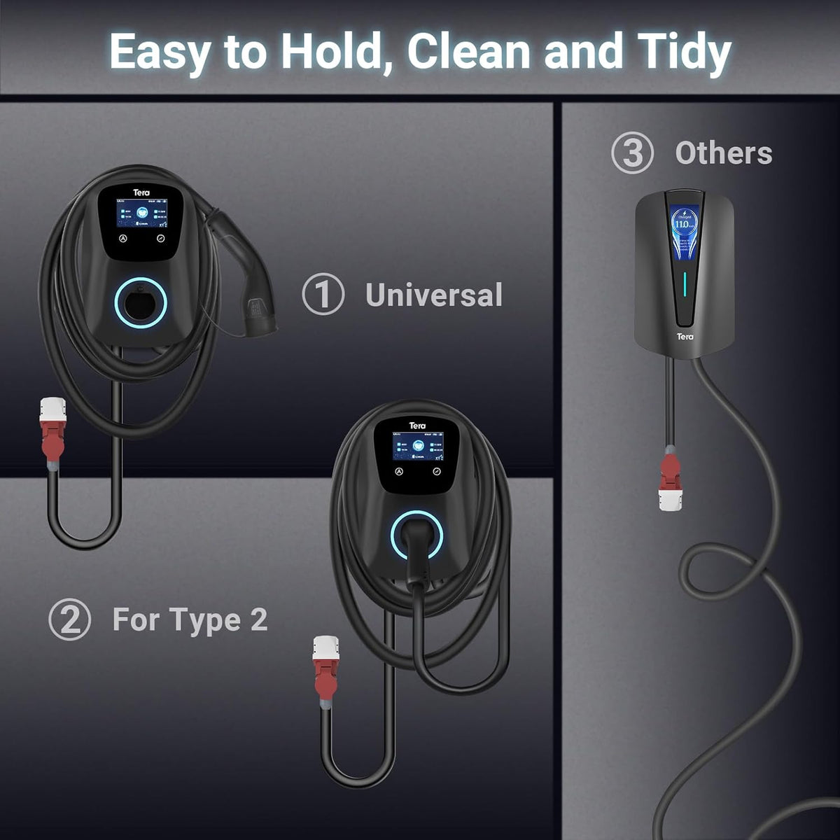 Cargador de vehículo eléctrico inteligente Tera Wallbox Tipo 2 con APP 11kW 16A 400V CE&TÜV, WiFi y Bluetooth, cable de carga de 7m con soporte, Wallbox para el hogar, enchufe CEE trifásico para EV y PHEV W01 Negro