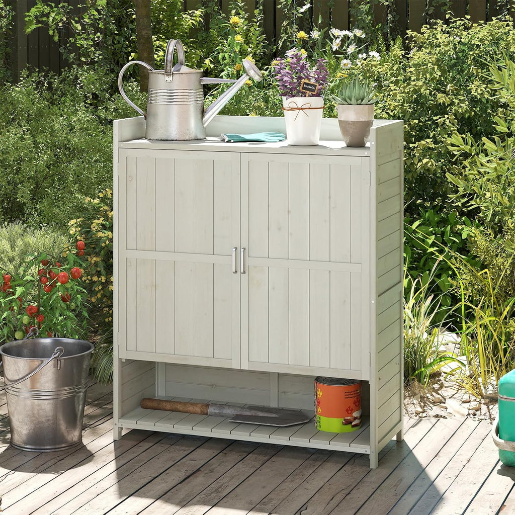 Mesa de cultivo COSTWAY para exterior resistente a la intemperie, mesa de jardinería de madera, mesa para plantas con armario inferior, cubo de basura y estante ajustable, mesa de jardín para patio y terraza, 102 x 43,5 x 152 cm, natural