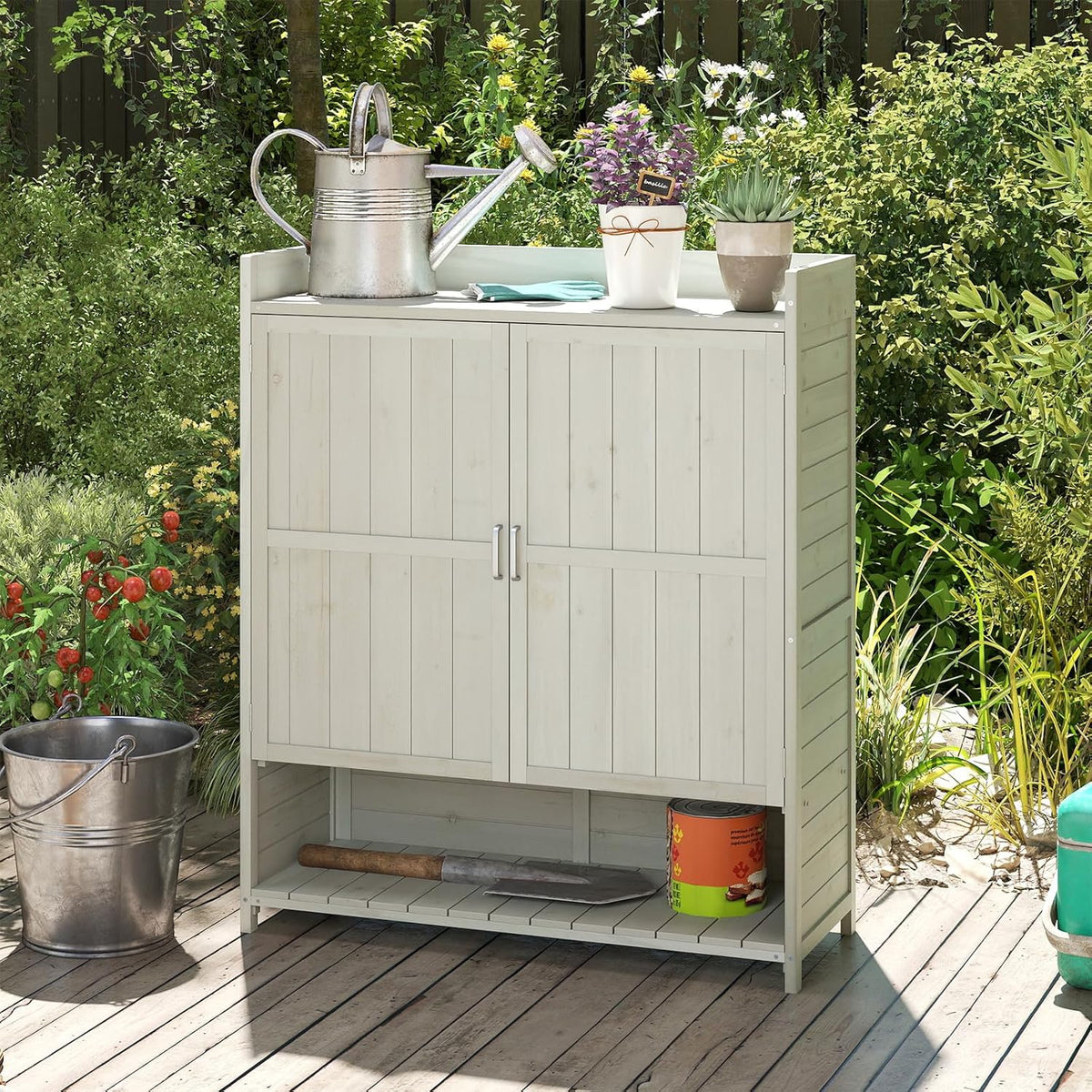Mesa de cultivo COSTWAY para exterior resistente a la intemperie, mesa de jardinería de madera, mesa para plantas con armario inferior, cubo de basura y estante ajustable, mesa de jardín para patio y terraza, 102 x 43,5 x 152 cm, natural