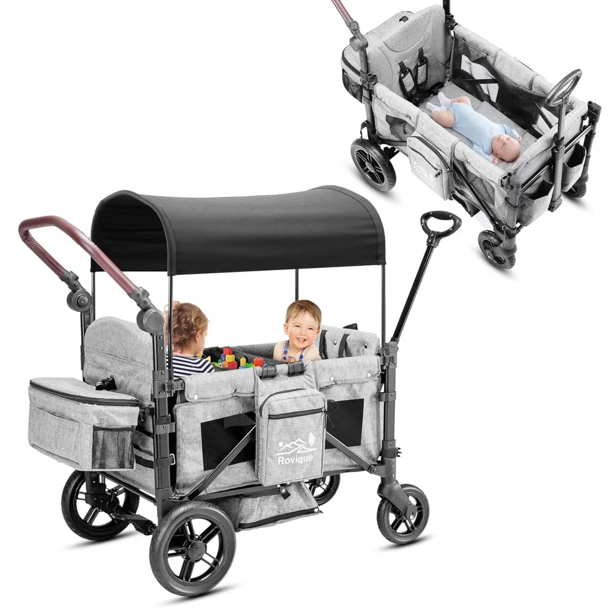 Carrito plegable RO-02 para 2 niños con techo, arnés de 5 puntos, ruedas de poliuretano, bandeja para aperitivos y estructura de aluminio, gris
