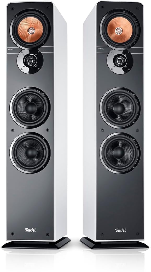 Altavoces estéreo Teufel Ultima 40: par de altavoces de columna HiFi de gama alta, tweeter con corrector de fase, sistema de 3 vías, bass-reflex de doble tubo, música, sonido de cine, juegos - negro