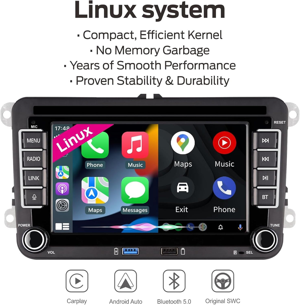 [Inicio rápido] Autorradio Linux para VW Golf 5 6/Polo, Radio VW con CarPlay y Android Auto inalámbricos integrados, Pantalla de 7" para VW compatible con controles del volante originales, AM/FM/RDS, Bluetooth, DSP, 45Wx4