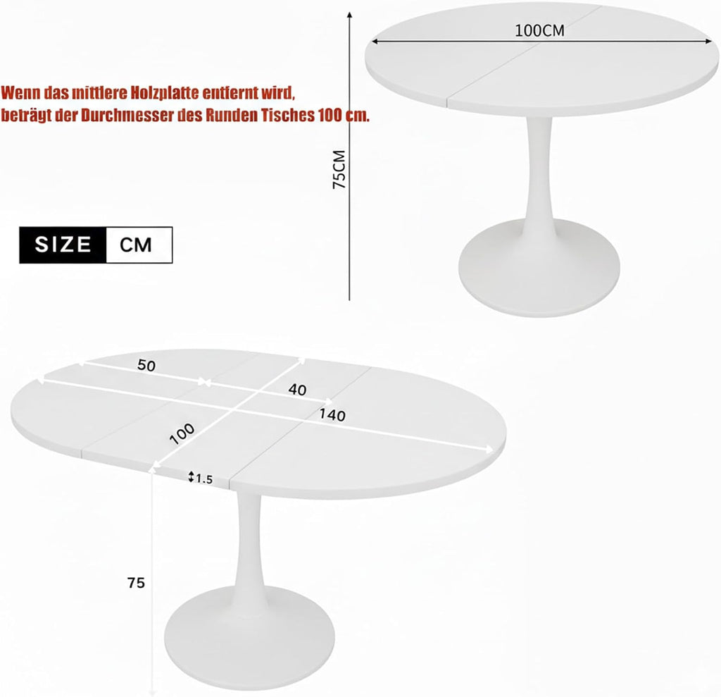 Mesa de comedor redonda extensible, 100/140x100x75 cm, mesa de comedor elíptica de madera para 2-8 personas, mesa de centro para cena, sala de estar y comedor (completamente blanca)