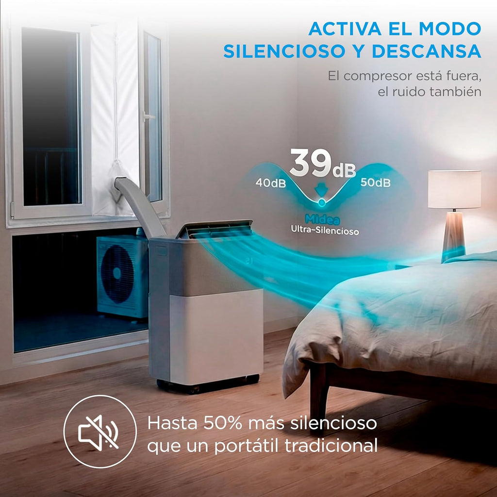 Aire Acondicionado Portátil Midea Portasplit 4 en 1 | 3000 frigorías / 12000 BTU | Split portátil de bajo consumo con modo silencio | Deshumidificador, calefactor, ventilador y climatizador para hasta 45 m2