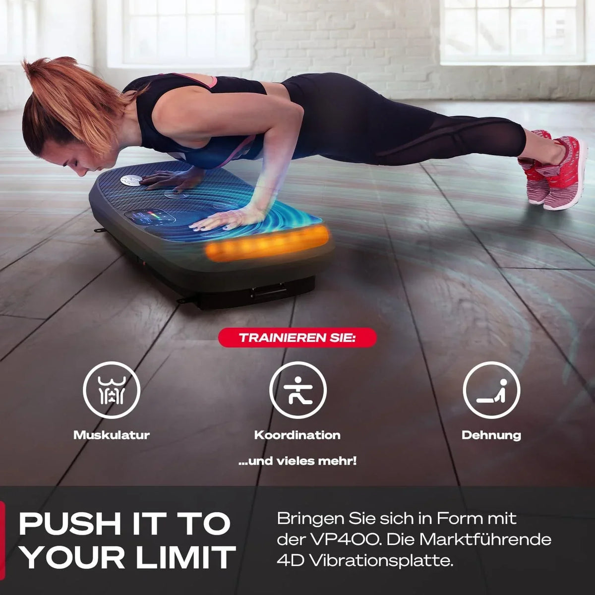 Plataforma vibratoria 4D VP400 hasta 40 Hz con 3 modos de entrenamiento, altavoz Bluetooth, pantalla táctil y capacidad de carga de 120 kg