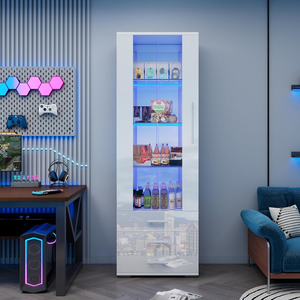 Vitrina de cristal Merax con iluminación LED, mueble vitrina blanco de alto brillo con puertas y 3 cajones, armario alto de 180 cm, estantería para libros, mueble de cocina, mueble multiusos para salón, dormitorio y oficina