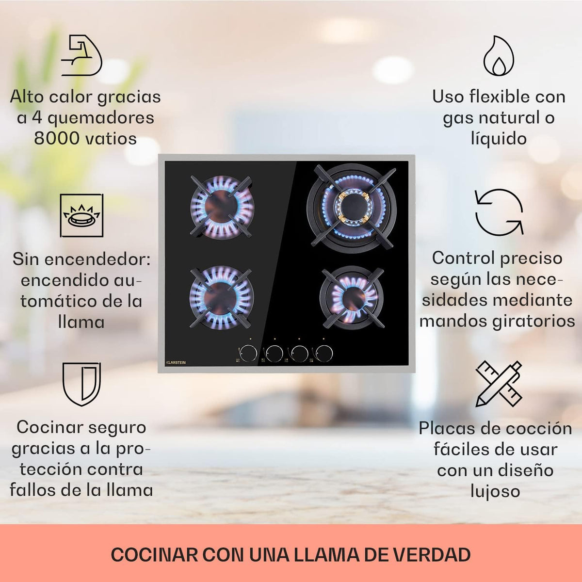 Klarstein Cocina de Gas Butano, Placa de Gas 4 Fuegos 8000W, Placa de Gas Integrada para Cocina, Placa de Gas Butano de Diseño, Encimera de Gas con Base de Vidrio y Acero Inoxidable