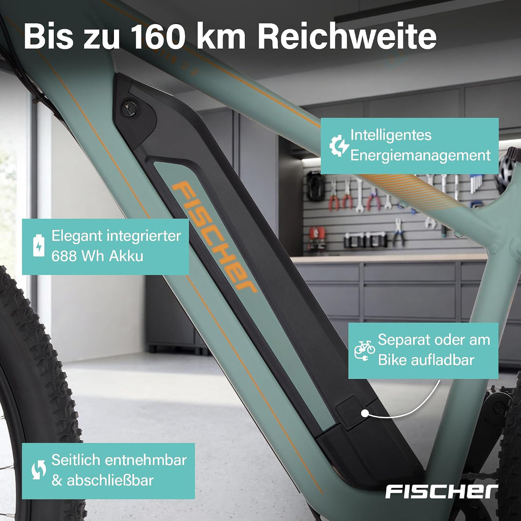 Bicicleta eléctrica de montaña Fischer E-Bike MTB Montis 2.2 Active para hombre y mujer, talla de cuadro 49, motor trasero 50 Nm, batería de 48 V