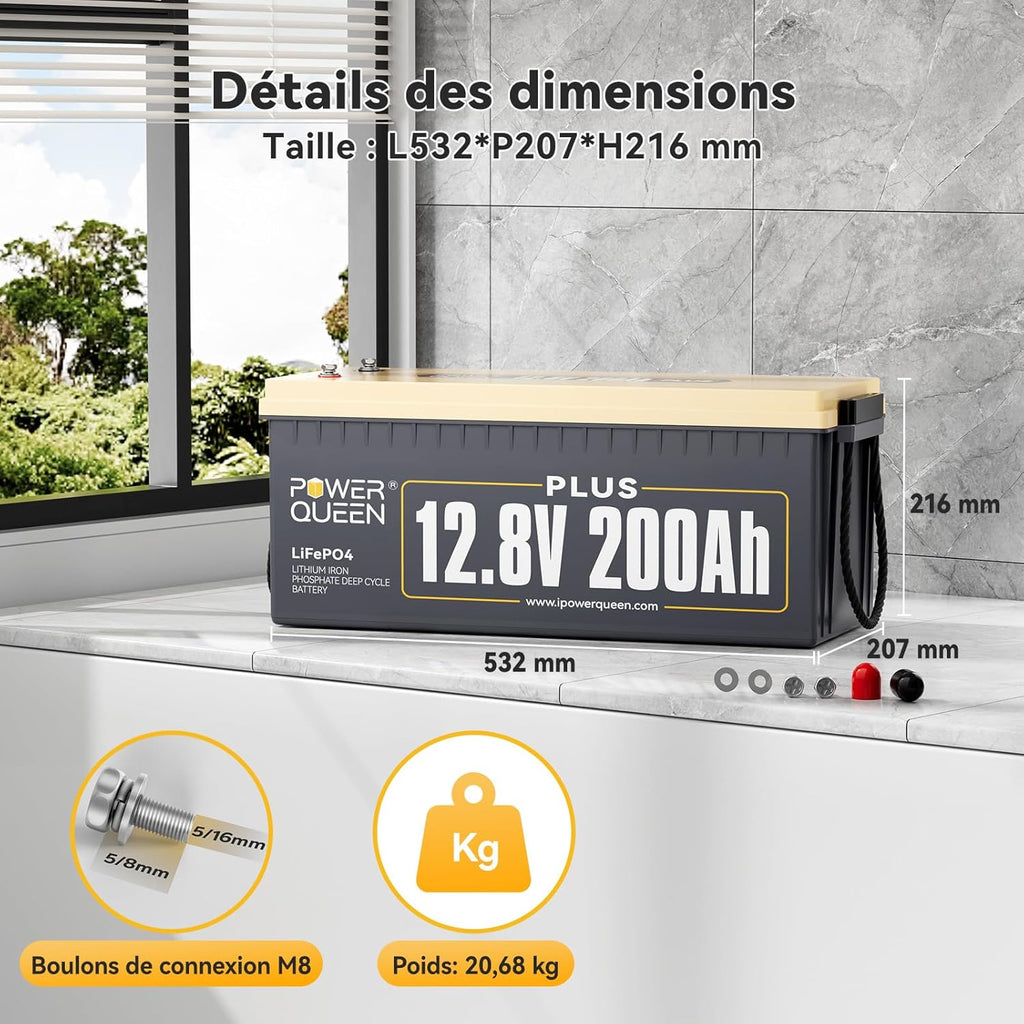 Batería de Litio Power Queen 12V 200Ah Plus, Batería LiFePO4 Recargable con BMS 200A, más de 4000 Ciclos, para Autocaravana, Energía Fuera de la Red, Furgoneta, Caravana…
