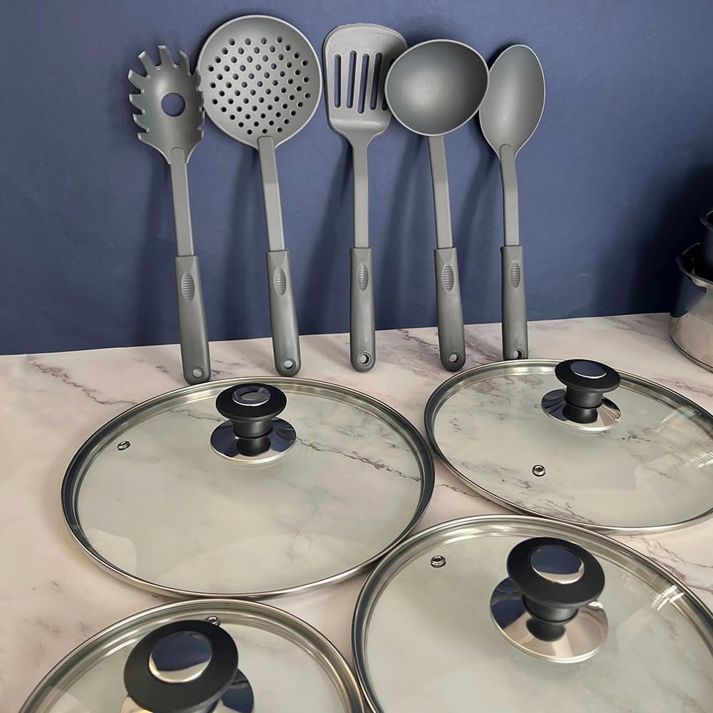 AM5535 : Batería de cocina de 15 piezas Arthur Martin, sartenes y cacerolas de acero inoxidable con accesorios, interior pulido espejo, compatible con todas las fuentes de calor, incluida inducción, color cromo