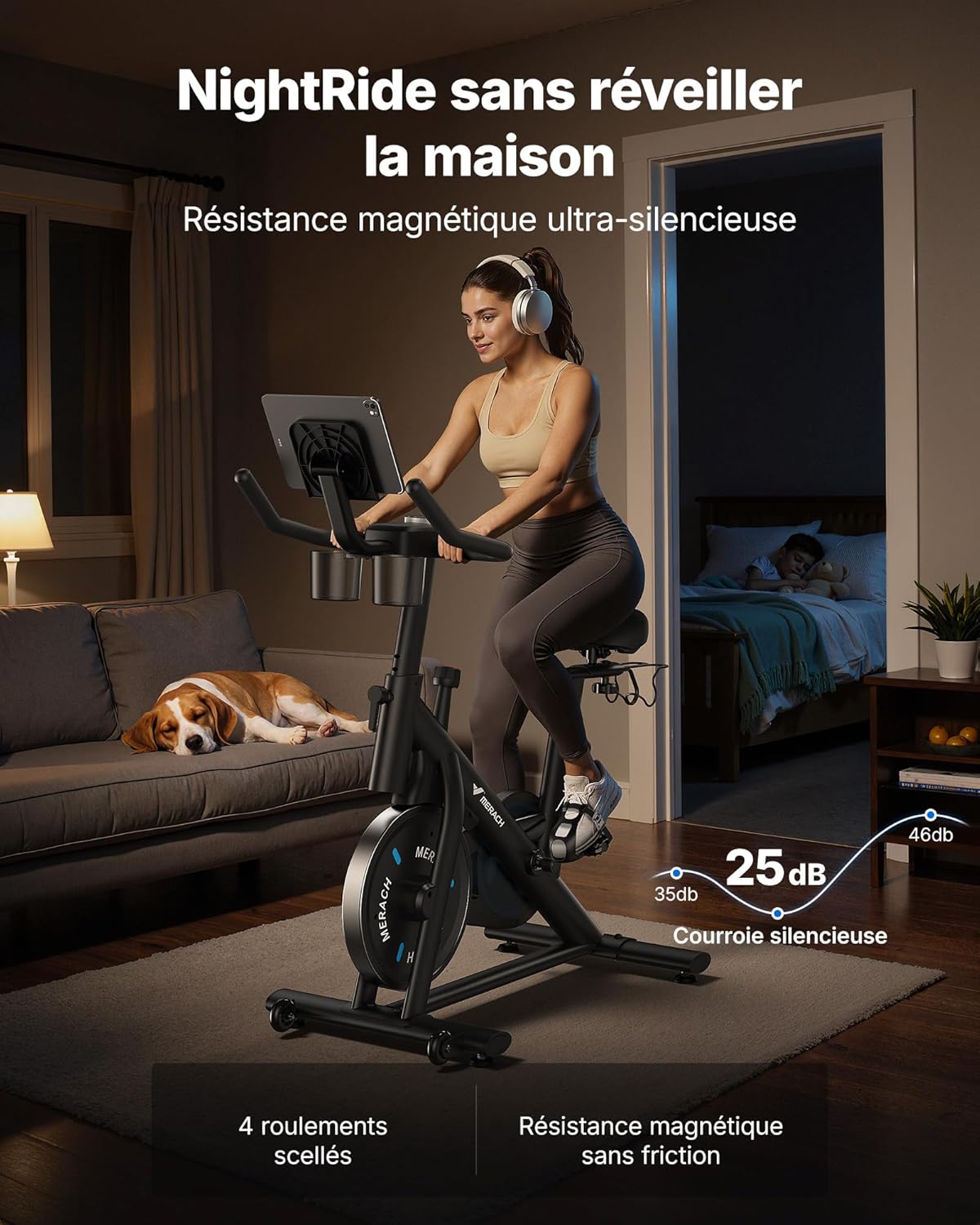 MERACH Bicicleta Estática para Casa - Bicicleta de Fitness de Interior Silenciosa con Resistencia Ajustable, Pantalla LED, Asiento Cómodo, para Entrenamiento Cardio, App Exclusiva, Capacidad Máx. 136 KG
