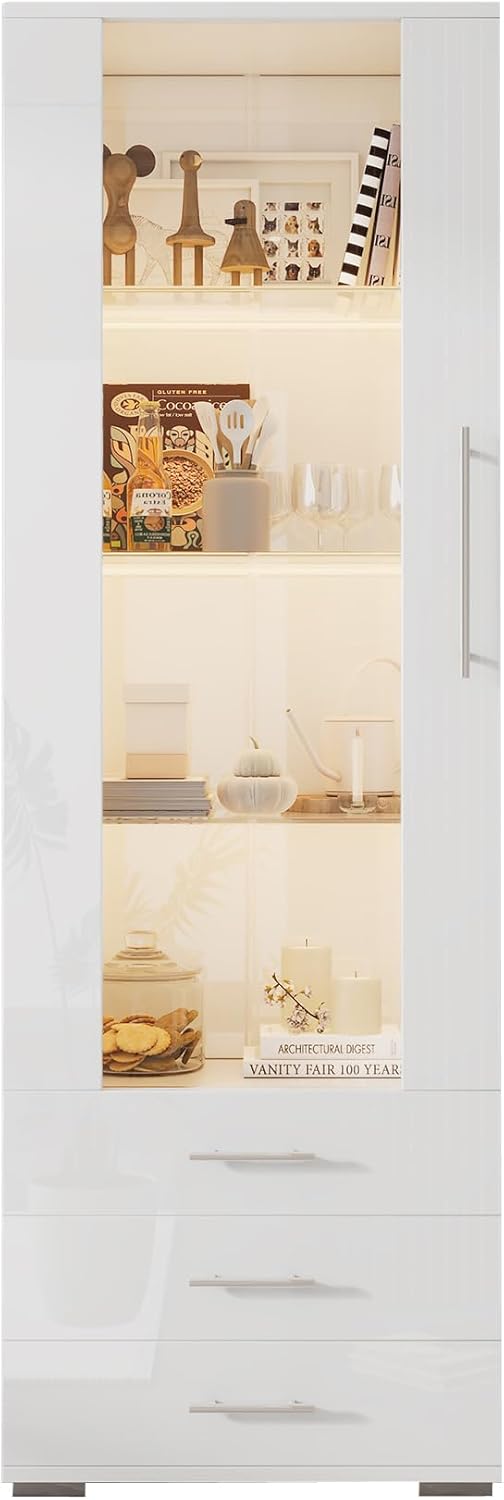 Vitrina de cristal Merax con iluminación LED, mueble vitrina blanco de alto brillo con puertas y 3 cajones, armario alto de 180 cm, estantería para libros, mueble de cocina, mueble multiusos para salón, dormitorio y oficina